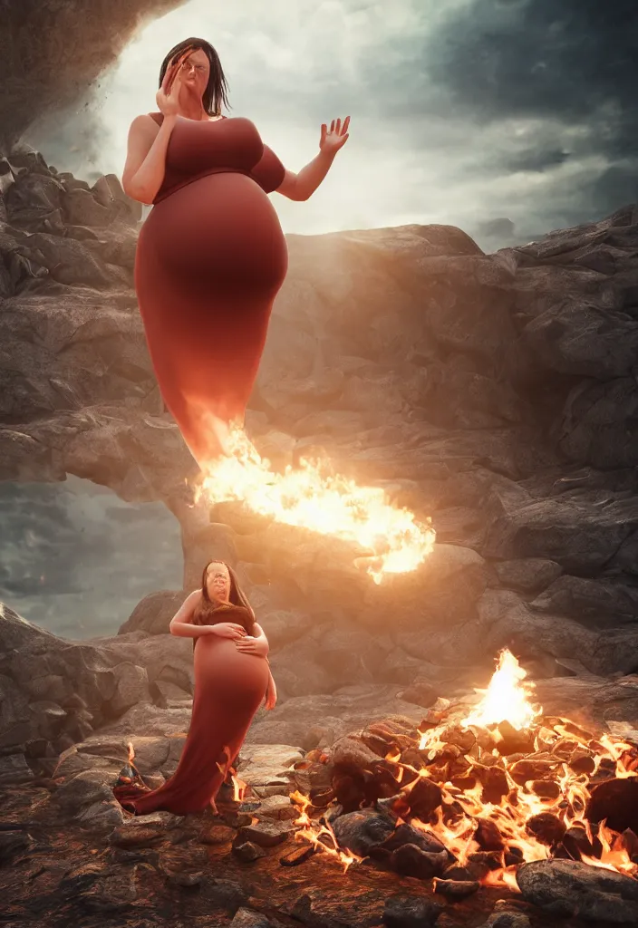Image similar to pregnant woman making an epic speech with a technological fire pit, crowd hearing the pregnant woman, ice cave, facinating, fantasy digital art, octane render, beautiful composition, trending on artstation, award - winning photograph, masterpiece
