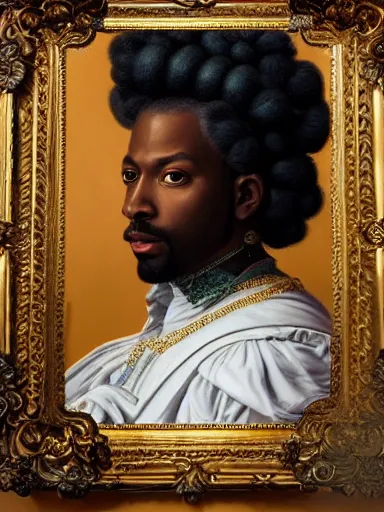 Image similar to rococo portrait of a black prince wearing a golden crown with pastel flowers, highly detailed, symmetrical, realistic, 8 k, digital painting, art by krenz cushart, kehinde wiley, artem demura