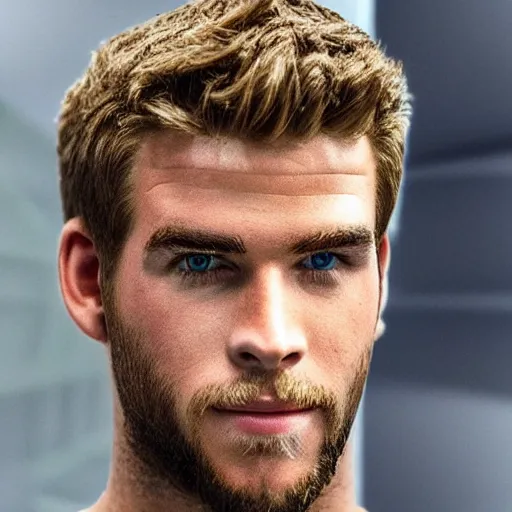 Image similar to “ a realistic detailed photo of a guy who is an attractive humanoid who is half robot and half humanoid, who is a male android, actor liam hemsworth, shiny skin, posing like a statue, blank stare, at the museum, on display ”