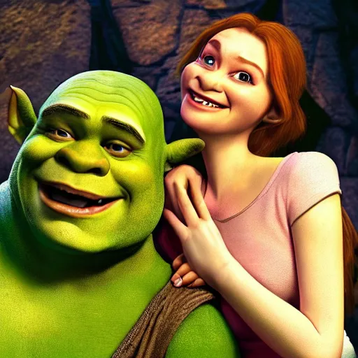 Image similar to Shrek with fiona, gollum face, raining day , hot summer chill