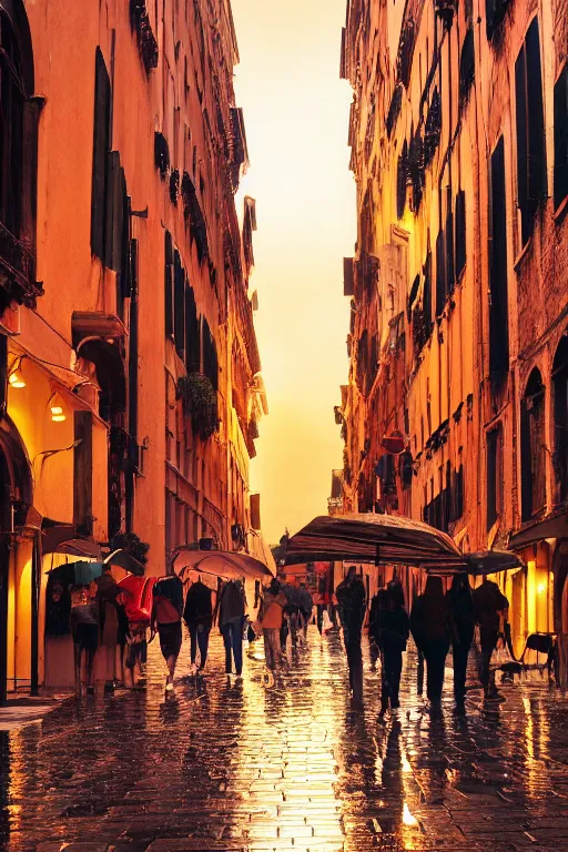 Image similar to crowd of people walking on rainy street at dusk golden hour , hyper-realistic environment, new york , venice