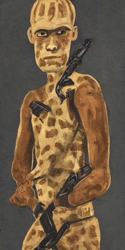 Prompt: soldier with the head of a giraffe and the body of an orangutan