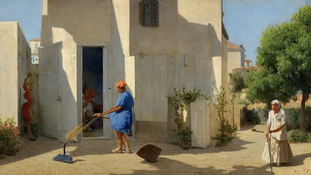 Image similar to a beautiful extremely complex painting of a street in a mediterranean village in summer by peter ilsted, whitewashed housed, tall cypress trees, blue shutters on windows, elderly woman sweeping the ground with a broom, national gallery of art highlights