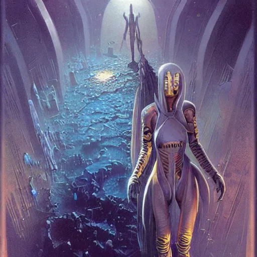 Image similar to sci - fi human necromancer, art by bruce pennington