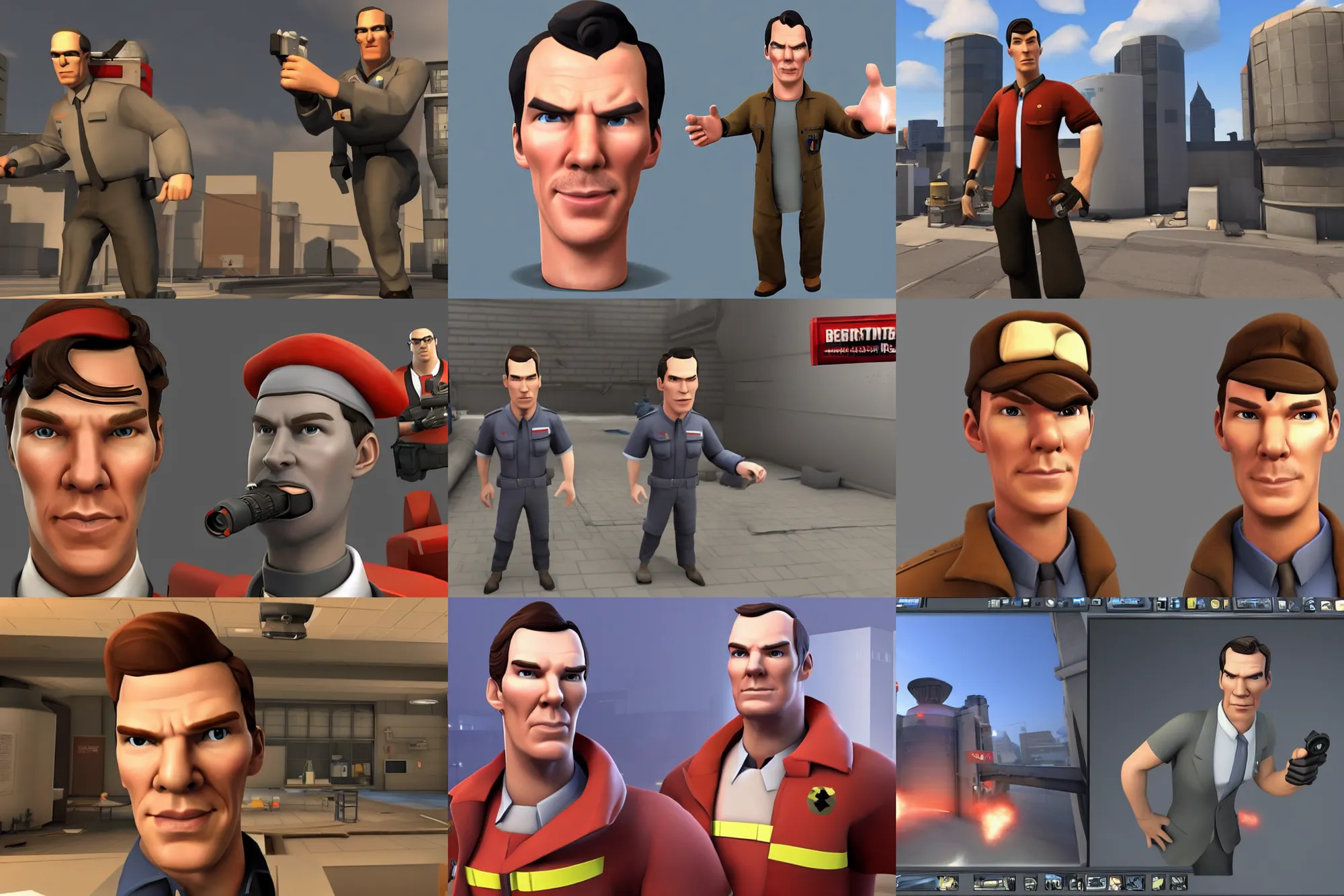 Prompt: a screenshot of benedict cumberbatch in the video game team fortress 2. 3 d rendering. unreal engine. amazing likeness. very detailed. cartoon caricature.