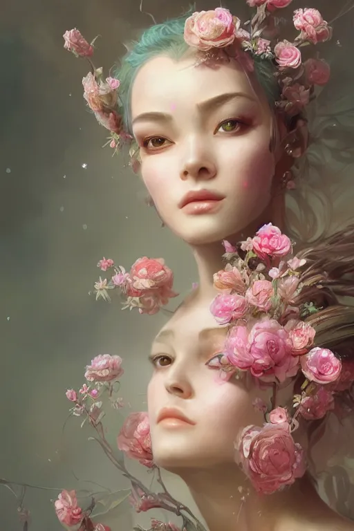 Image similar to face closeup beautiful girl with diamond skin, 3 d render, holding pink flowers, hyper realistic detailed portrait, ruan jia, wlop, fantasy, hyper detailed, octane render, concept art, ornaments, mucha vibe, dieselpunk, solarpunk, artstation, peter mohrbacher