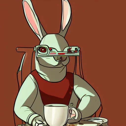 Image similar to rabbit with augmented cyberpunk ears cozy sitting in a chair drinking coffee and smoking cigar. digital art