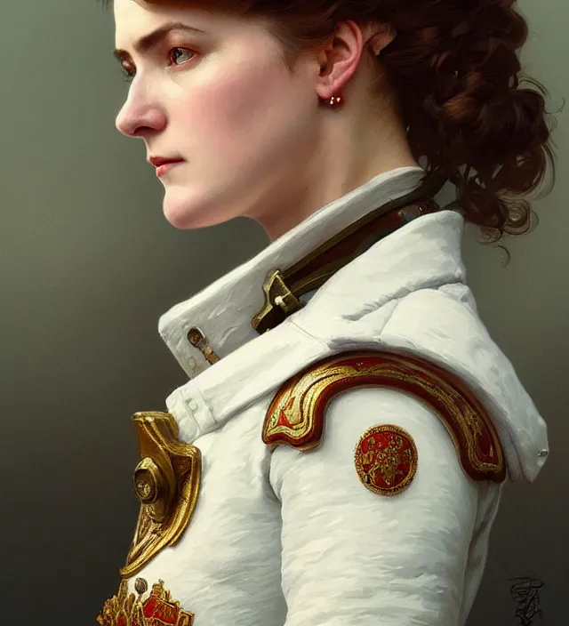 Prompt: portrait of a russian woman wearing a white traditional nineteenth century military jacket, metal shoulder pauldrons, intricate, highly detailed, digital painting, artstation, concept art, sharp focus, cinematic lighting, illustration, art by artgerm and greg rutkowski, alphonse mucha, cgsociety