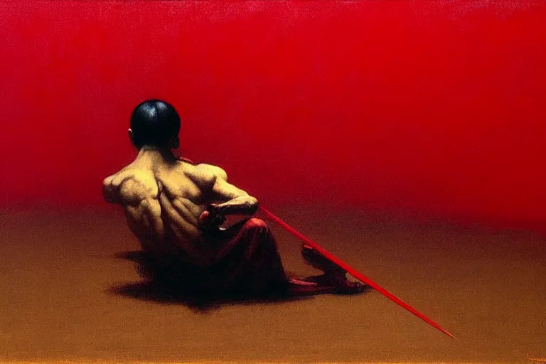 Image similar to only with red, a red samurai do seppuku, tokio, a lot of frogs watch, in the style of beksinski, parts by edward hopper, parts by rodcenko, parts by yue minjun, intricate and epic composition, red by caravaggio, insanely quality, highly detailed, masterpiece, red light, artstation, 4 k