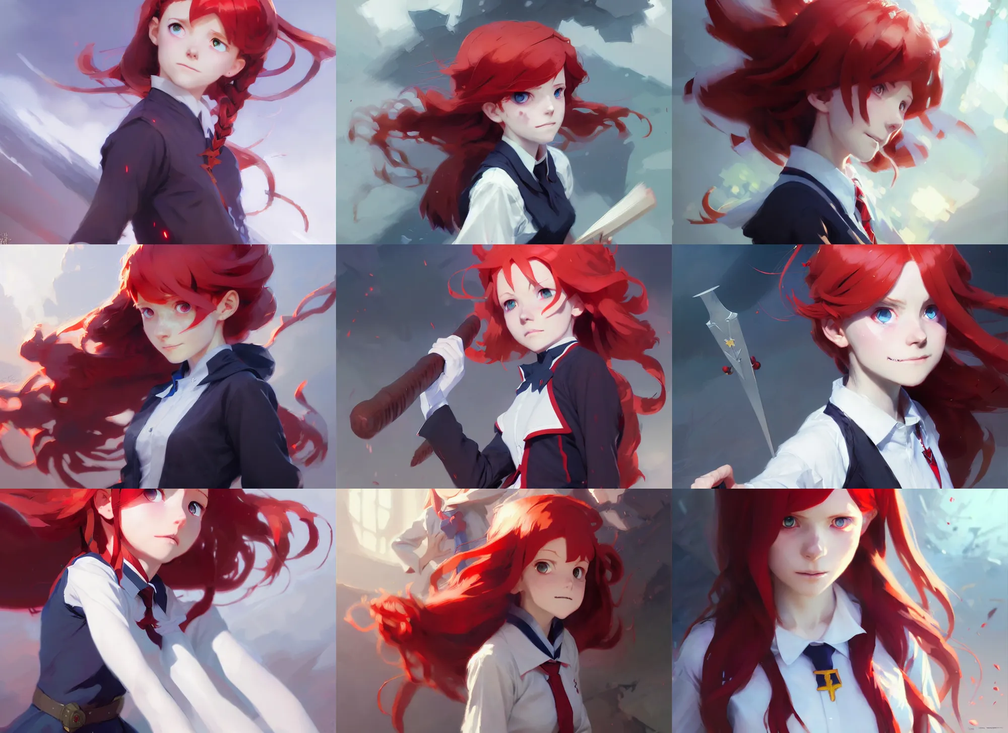 Image similar to little witch academia, red hair, white school uniform, intricate, sharp focus, illustration, highly detailed, digital painting, concept art, matte, art by ruan jia and wlop and greg rutkowski, masterpiece