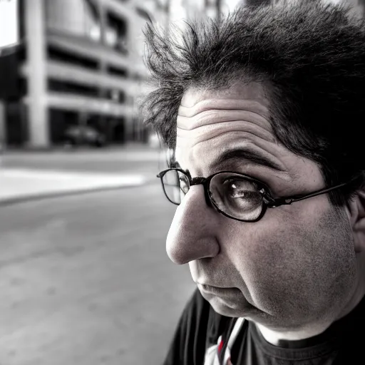 Image similar to Kevin Mitnick as a homeless man, sad, tragic, modelsociety, radiant skin, huge anime eyes, RTX on, perfect face, directed gaze, intricate, Sony a7R IV, symmetric balance, polarizing filter, Photolab, Lightroom, 4K, Dolby Vision, Photography Award