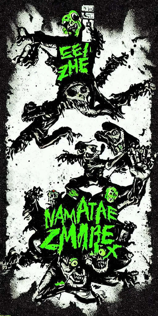 Image similar to invasion of the radioactive zombie rats retro video game box art in gameboy style, dramatic lighting from below, green rim light, dark background, 4K W- 1024