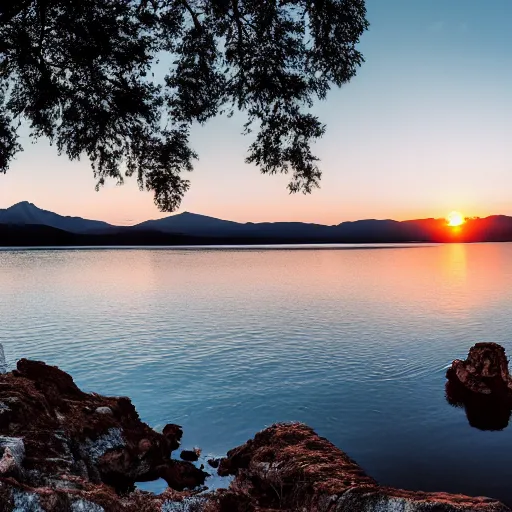 Image similar to cinematic wide shot of a lake with rope floating in the middle, a rocky foreground, sunset, a bundle of rope is in the center of the lake, eerie vibe, leica, 2 4 mm lens, 3 5 mm kodak film, f / 2 2, anamorphic