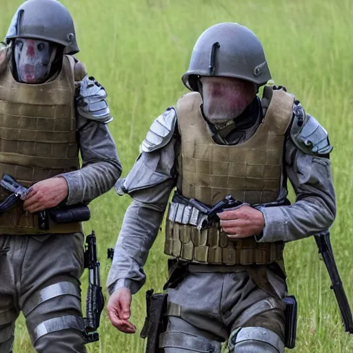 Image similar to British mercenaries wearing grey body armor and MICH combat helmets in the aftermath of a bloody battle, photo by Adam Ferguson, Pulitzer Winning, cinematic composition, breathtaking, modern, 8k, taken in 2022