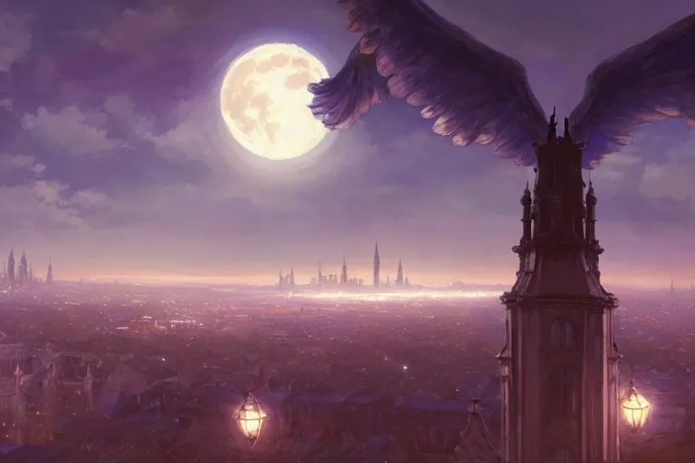 Prompt: a winged monster in the sky above a victorian city, scene in the night. full moon, 1 8 9 0, key visual, conceptart, ambient lighting, highly detailed, digital painting, artstation, concept art, sharp focus, by makoto shinkai and akihiko yoshida and greg manchess