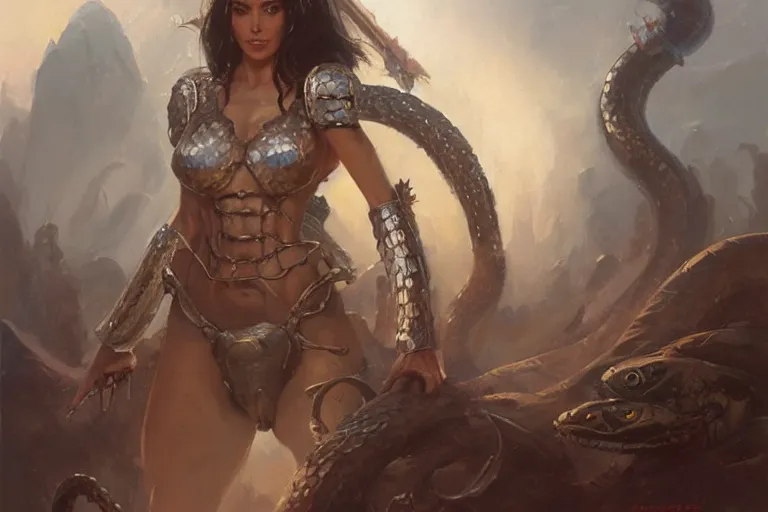 Prompt: A beautiful oil painting of a pretty girl in armor of snakes, by Lucas Graciano, Frank Frazetta, Greg Rutkowski, Boris Vallejo, epic, fantasy, character art, high fantasy