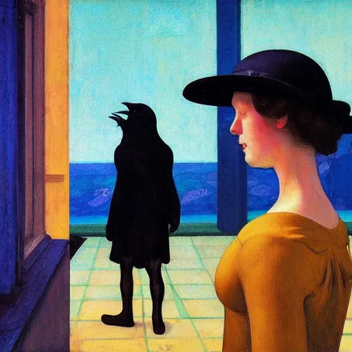 Prompt: a young woman in a medieval city, a lots of crows, hyperrealistic film still by edward hopper, by gottfried helnwein, by klimt, by paolo uccello, art nouveau, highly detailed, strong lights, liminal, eerie, bright pastel colors