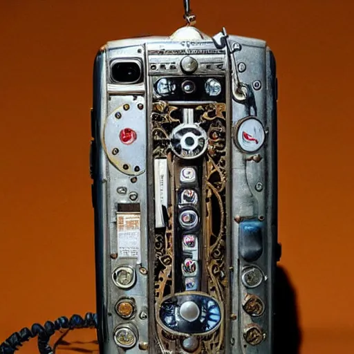 Prompt: an extremely complex and advanced steampunk cellphone from the 1940s