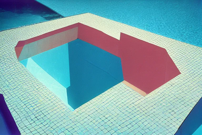 Image similar to underwater non - euclidean, geometric tiled swimming pool tunnels into infinity, cubic and right angles, cube portals, 1 9 6 0 s, color bleed, ektachrome photograph, volumetric lighting, f 8 aperture, cinematic eastman 5 3 8 4 film stanley kubrick