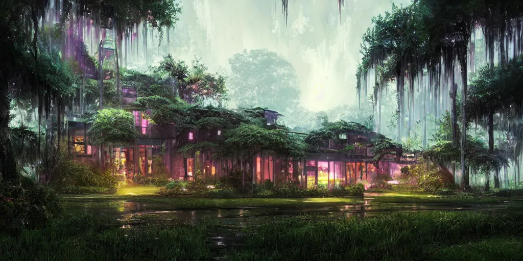 Image similar to a cyber punk house on a lush southern plantation with a tree-lined driveway, romanticism, hyperdetailed, artstation, cgsociety, 8k, masterpiece, sharp H 640