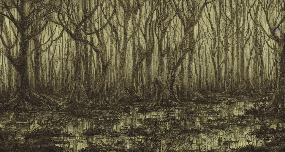 Prompt: A dense and dark enchanted forest with a swamp, by burns jim