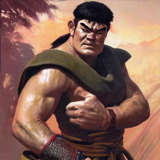 Prompt: ultra realistic david koechner as ryu from street fighter, painting by frank frazetta, 4 k, ultra realistic, highly detailed,