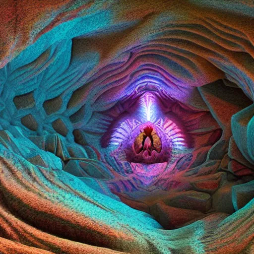 Image similar to organic fractal cave with beautiful colors with lurking monster, render, octane, cgi, mandelbulb3d