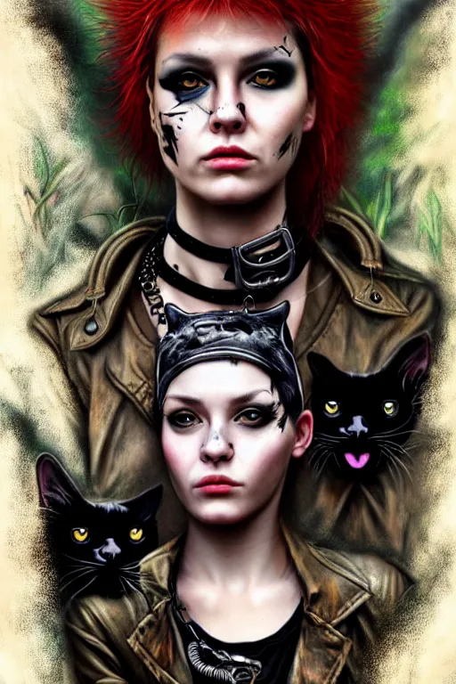 Image similar to punk rock girls making selfie with black cats in jungle , mad max jacket, post apocalyptic, renaissance, highly detailed, digital painting, 4k, oil painting by Leonardo Da Vinci, hyper realistic style, fantasy by Olga Fedorova