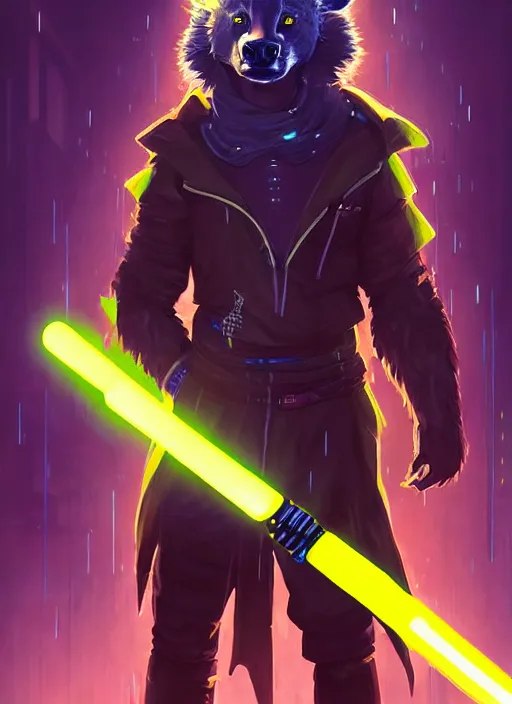 Image similar to beautiful portrait commission of a male furry anthro hyena fursona wearing cyberpunk jedi robes and wielding a yellow lightsaber in a cyberpunk city at night in the rain. character design by charlie bowater, ross tran, artgerm, and makoto shinkai, detailed, inked, western comic book art