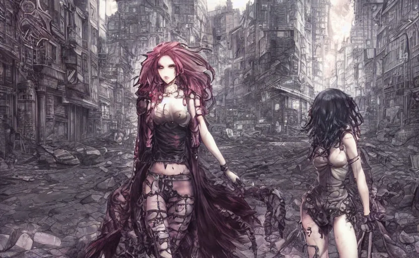 Image similar to goth woman in front of city, color page, tankoban, 4 k, tone mapping, akihiko yoshida, james jean andrei riabovitchev marc simonetti, yoshitaka amano, long hair, curly, h. hydrochaeri