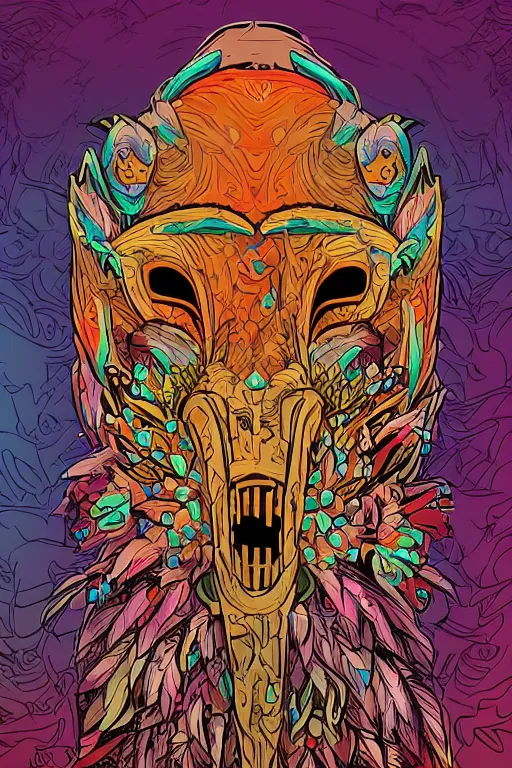 Image similar to animal mask totem roots flower tribal feather gemstone plant wood rock shaman vodoo video game vector cutout illustration vivid multicolor borderlands comics by josan gonzales and dan mumford radiating a glowing aura