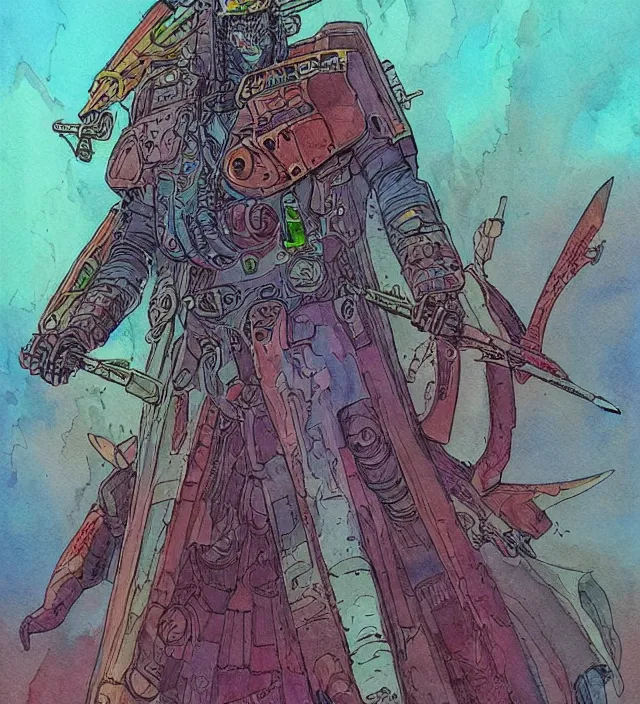 Image similar to a watercolor ink painting of a cyberpunk god of warfare and battle in the style of jean giraud in the style of moebius trending on artstation deviantart pinterest detailed realistic hd 8 k high resolution