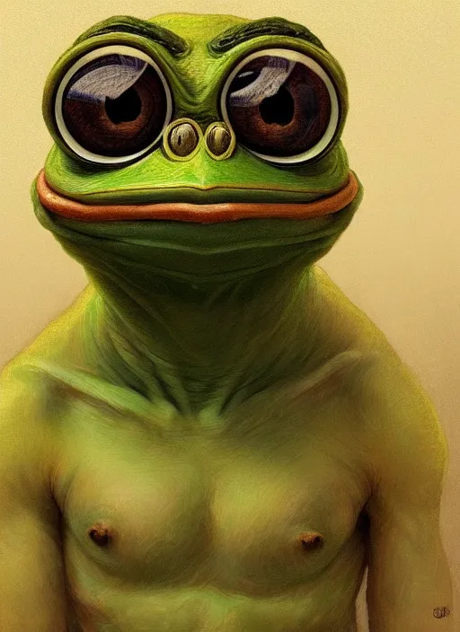 Image similar to pepe the frog!!!, male, sad, depressed, portrait, intricat, highly detailed, digital painting, artstation, concept art, wallpaper, smooth, sharp focus, illustration, art by h. r. giger and artgerm and greg rutkowski and alphonse mucha