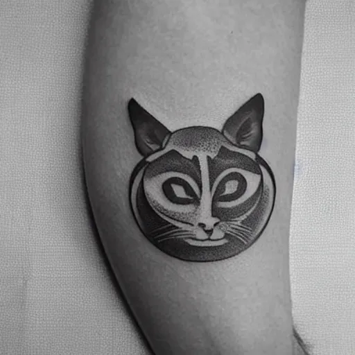 Prompt: a geometric style tattoo of a siamese cat sleeping in a bowl of ramen