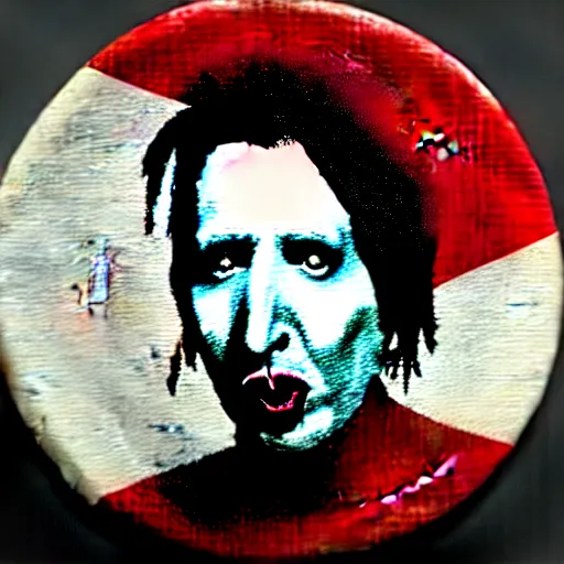 Prompt: painting on a badge!!!!, photo of a marilyn manson, punks not dead!!!!, exploited!!, clash, junk yard, rats!!, god save the queen!!!, punk rock album cover art style, grunge, no future!!!!, glitch effect