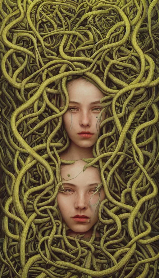 Prompt: very detailed portrait of a 2 0 years old girl surrounded by tentacles, the youg woman visage is blooming from fractal and vines, by gottfried helnwein