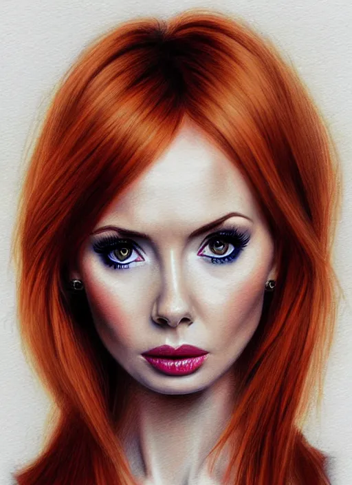 Image similar to sultry look in her eyes Karen Gillan close-up portrait looking straight on, complex artistic color pencil sketch illustration, full detail, gentle shadowing, fully immersive reflections and particle effects.