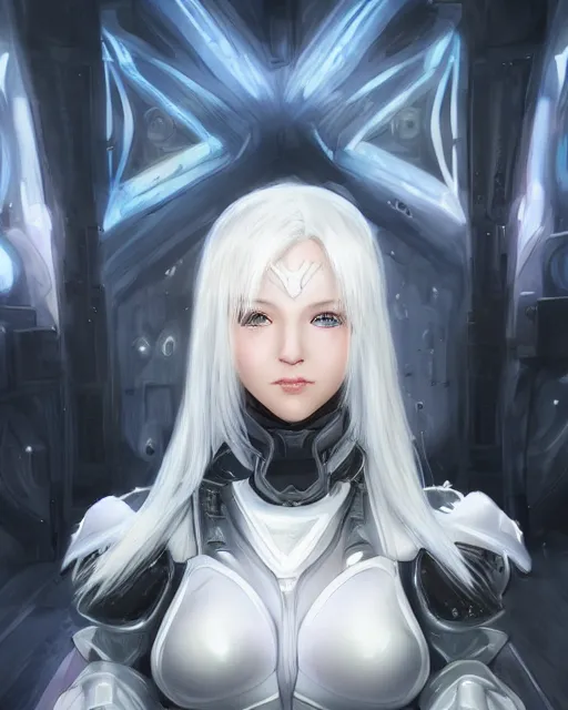 Image similar to perfect white haired girl, warframe armor, beautiful, dreamy, pretty face, blue eyes, portrait, detailed, bright light, scifi, amazing, utopian architecture in the background, laboratory, 4 k, ultra realistic, aura of light, cinematic, high detail, masterpiece, art by akihito tsukushi, akasuki brightmind