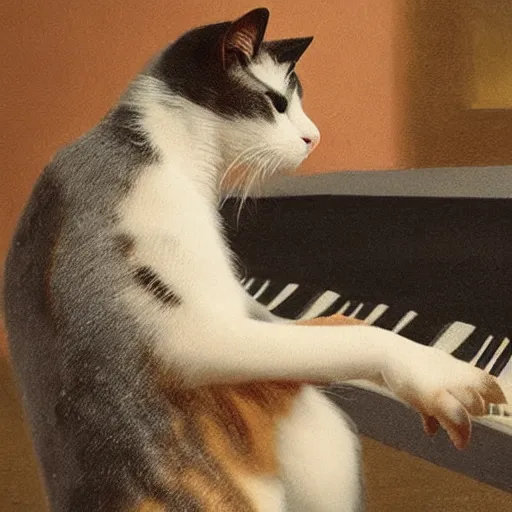 Image similar to a calico cat plying the piano
