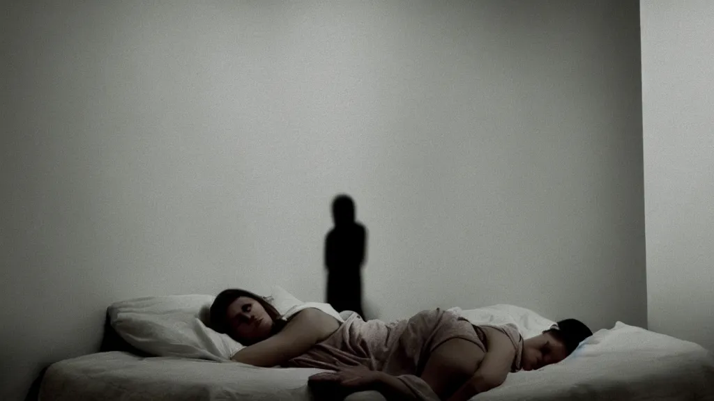 Image similar to movie still of girl having sleep paralysis and a shadow watching, cinematic composition, cinematic light, criterion collection, by nightmare