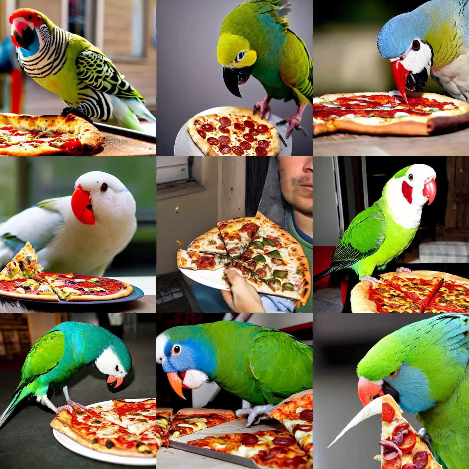 Prompt: a parakeet biting into a slice of pizza, photo