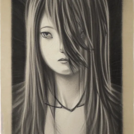 Image similar to Kurisu from Steins Gate portrait, mezzotint