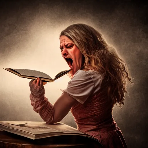 Image similar to enraged witch tearing her own book while screaming in frustration, comedy, fantasy, D&D, HDR, natural light, dynamic pose, award winning photograph, 8k, Mucha style,