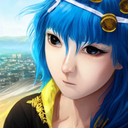 Prompt: side profile of rimuru tempest crying with sky blue hair, long hair, gold eyes, black jacket with white stripes and a high collar | highly detailed, greek city in the background, professional digital painting, digital art, concept art, award - winning photography, cinematic, wlop | art by pixiv art, ilya kuvshinov, yoshitaka amano