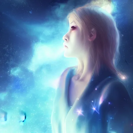 Image similar to galaxy, character, 3 d godess, cloud, volumetric, dreamy, nebula background, portrait, close up, octane render, 3 ds max + vray, cinematic, super fine detailed, detailing