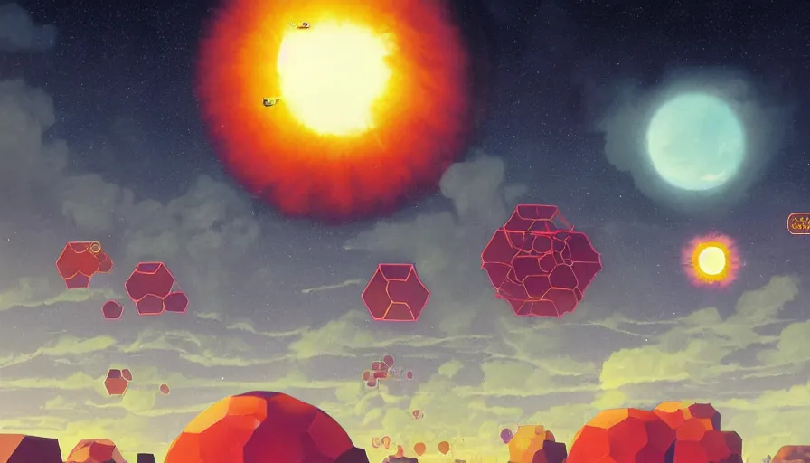 Image similar to hexagons traveling the sun in space, planet earth in foreground, simon stalenhag