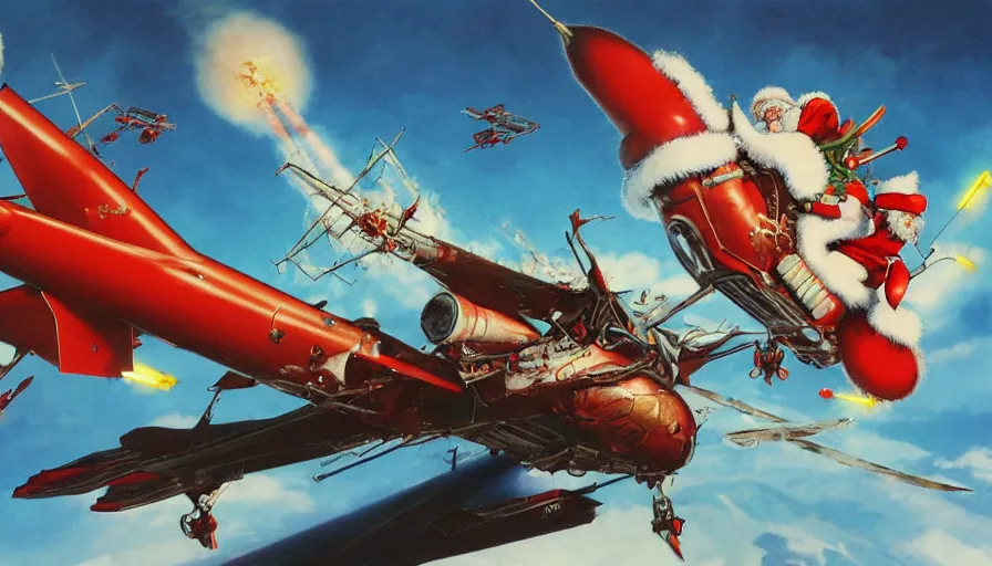 Image similar to santa claus sleigh being shot down by a surface to air missile, fiery explosion, artwork by katsuhiro otomo, yoshitaka amano, and artgerm. 3 d shadowing effect, 8 k resolution.