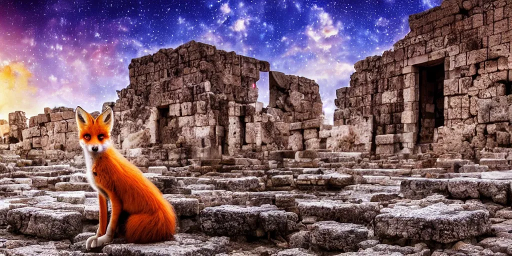 Image similar to A beautiful small fox in the huge ruins of the second temple in Jerusalem :: Dreamy sky :: The third temple hovers quietly in the sky above :: Very colorful painting 8k trending on art station :: Intricate details, very realistic, cinematic lighting, volumetric lighting, photographic blur bokeh defocus dof sky.