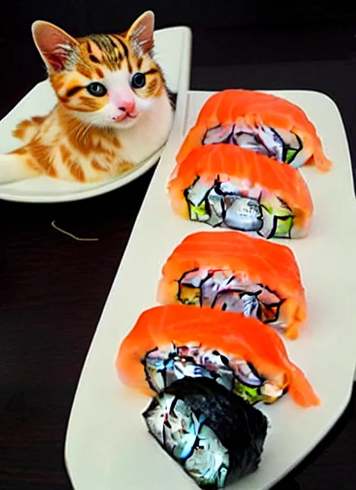 Image similar to clear photorealistic picture of adorable cats made out of sushi