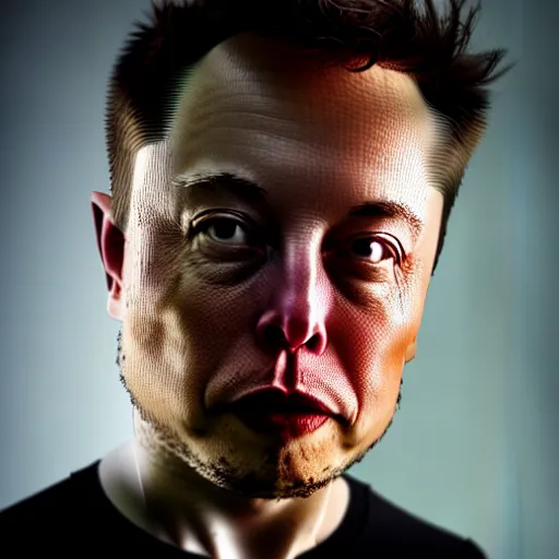 Prompt: Elon Musk with a giraffe neck, grungy, unkept hair, glowing eyes, modelsociety, radiant skin, huge anime eyes, RTX on, perfect face, directed gaze, intricate, Sony a7R IV, symmetric balance, polarizing filter, Photolab, Lightroom, 4K, Dolby Vision, Photography Award